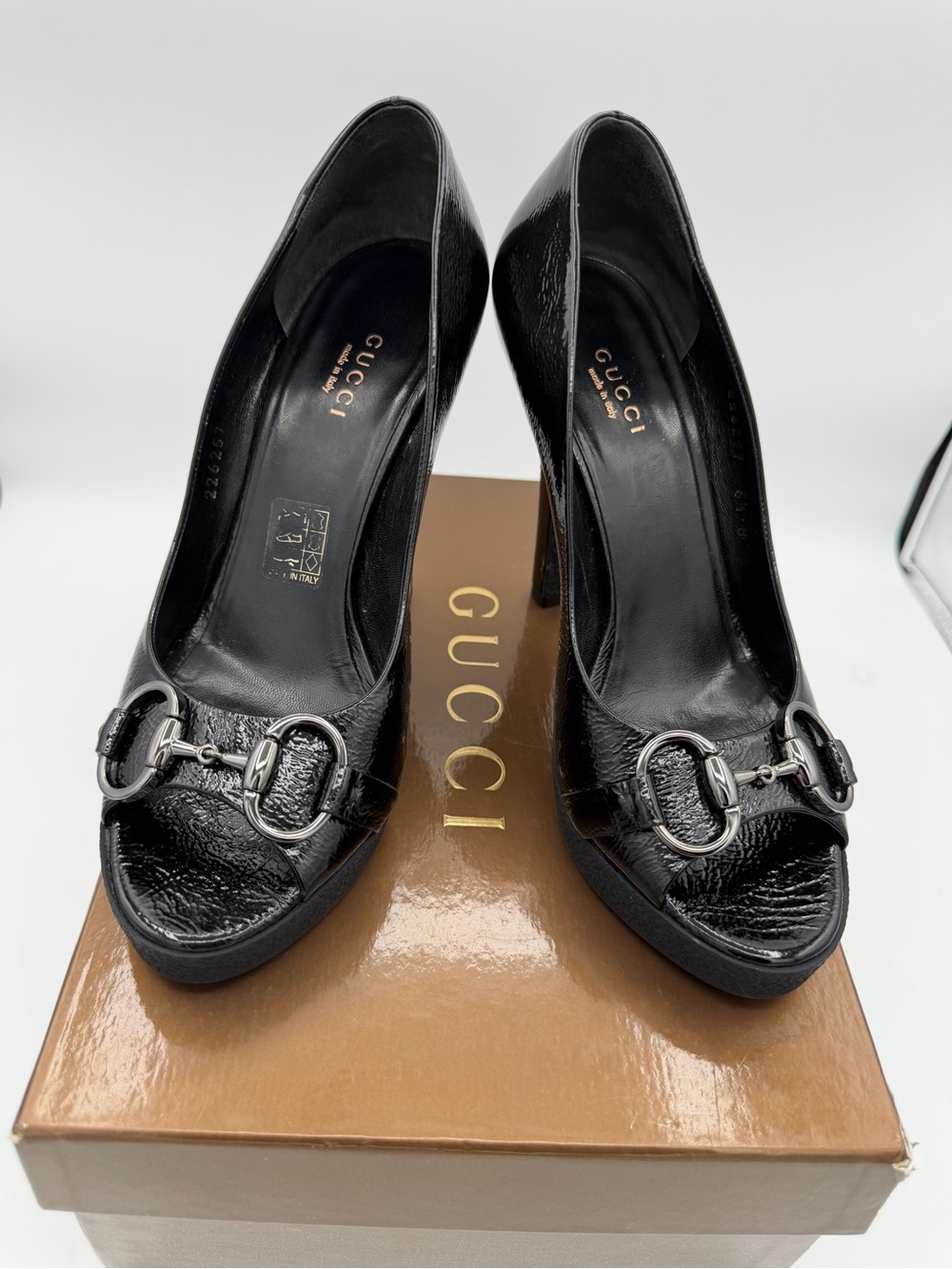 Gucci Black Leather Peep-Toe Heels with Silver Horsebit